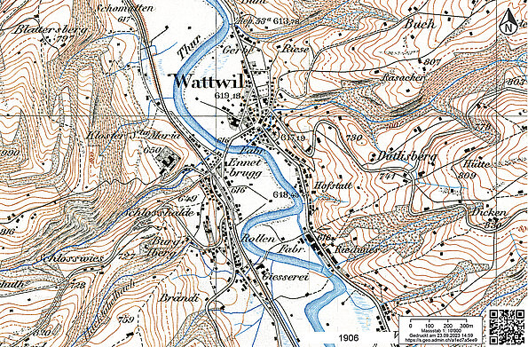 Karte von Wattwil im Jahre 1906.
