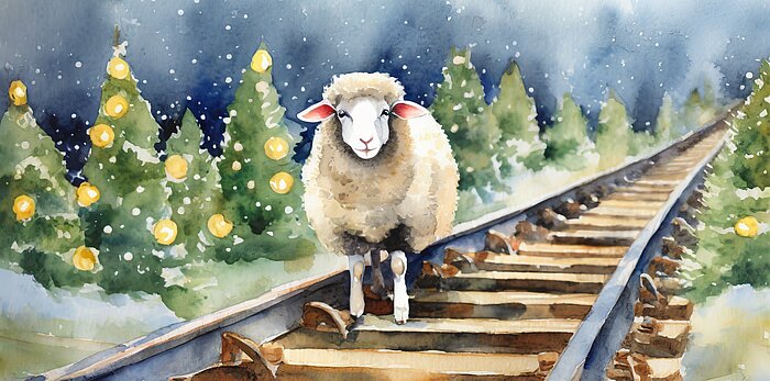Ki-generiertes Bild von einem Schaf auf einem Gleis.