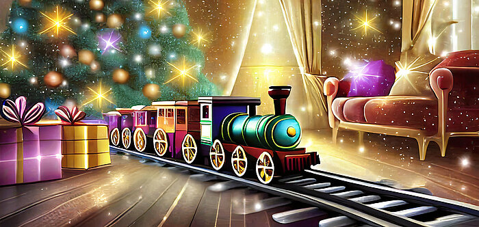 KI-generiertes Bild von einem Holz-Zug, der unter einem Weihnachtsbaum durchfährt.