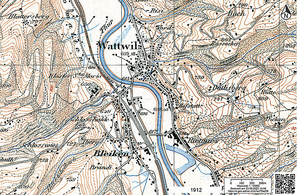 Karte von Wattwil im Jahre 1912.