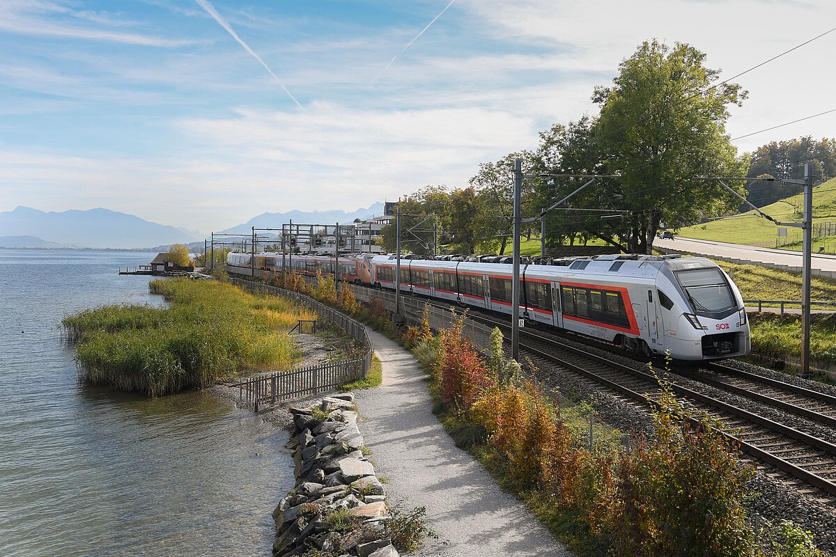 Ein Traverso und ein Flirt 3 der Südostbahn unterwegs am Zürichsee in Richterswil. Foto: André Springer