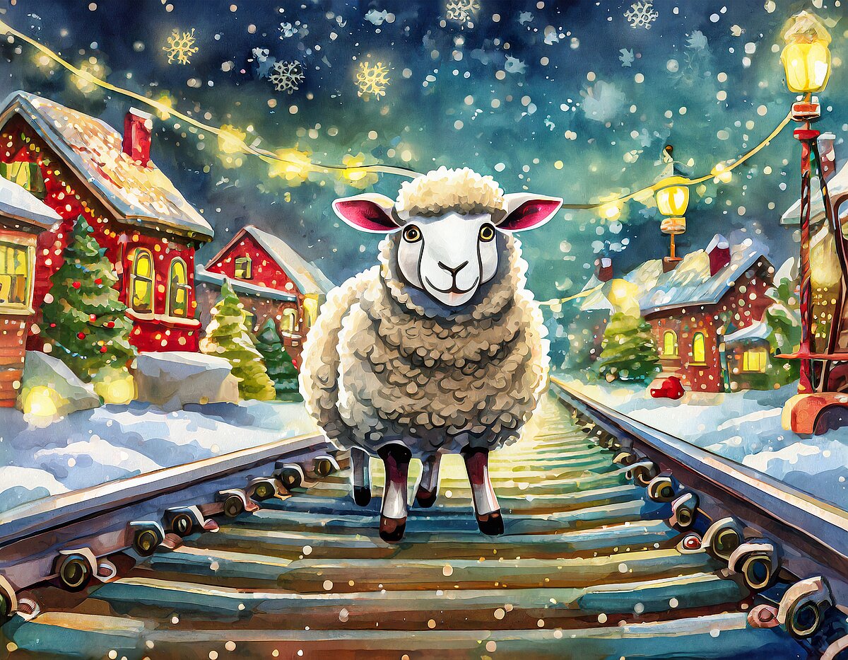 KI-generiertes Bild von einem Schaf auf einem Gleis mit weihnachtlichem Hintergrund.