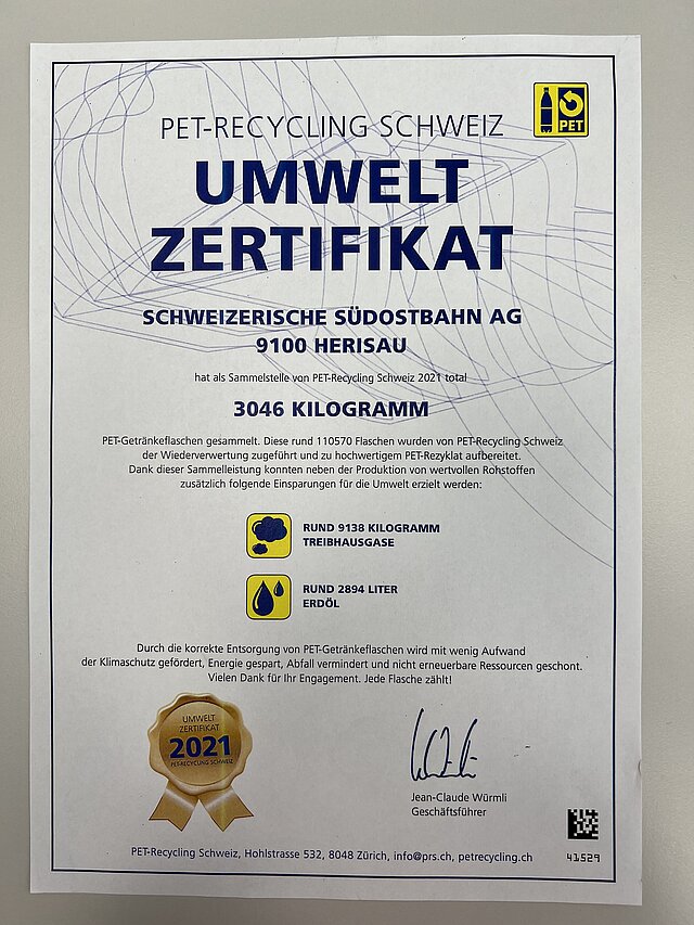 Zertifikat von PET-Recycling Schweiz
