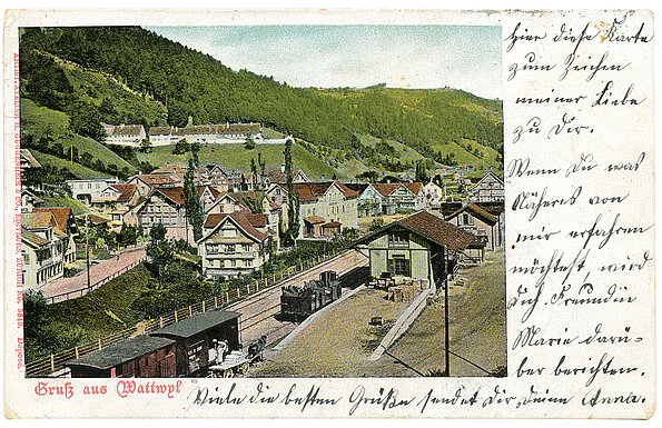 Postkarte des alten Bahnhofs Wattwil im Gebiet Ennetbrugg.
